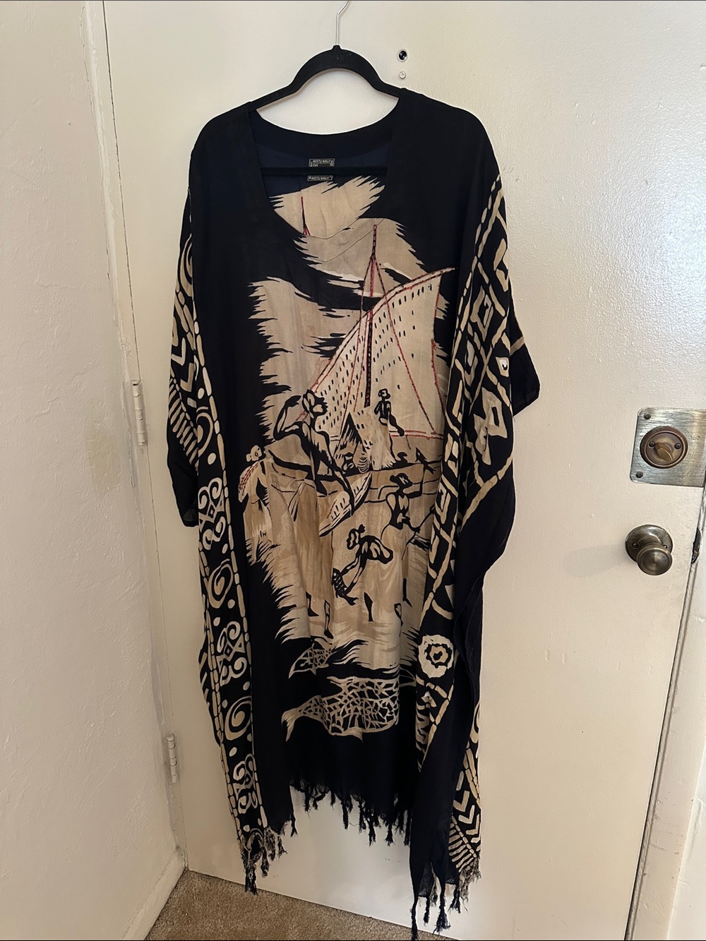 Meetu Magic African  Boho Fringe Kimono with Beige Graphic OS